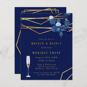 Invitation Bleu & Or Géométrique Floral Brunch & Bubbly