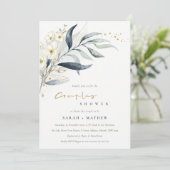 Invitation Bleu Or Leafy Botanique Floral Couples Douche (Debout devant)
