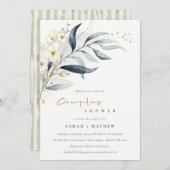 Invitation Bleu Or Leafy Botanique Floral Couples Douche (Devant / Derrière)