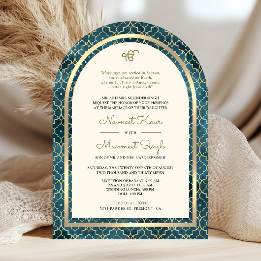 Invitation Bleu Or Marocain Code QR Mariage Sikh Arch