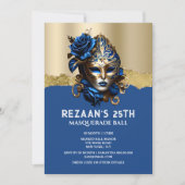 Invitation Bleu or mascarade rose élégant glamour girly (Devant)