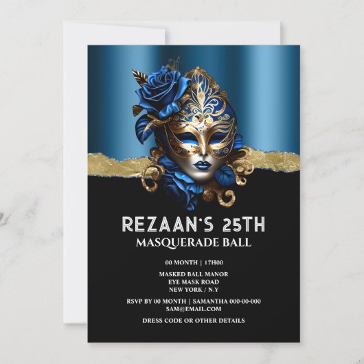Invitation Bleu or mascarade rose masque vénitienne glamour (Devant)