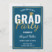 Invitation Bleu & Or Moderne Script Graduation Party (Devant)