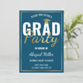 Invitation Bleu & Or Moderne Script Graduation Party (Debout devant)