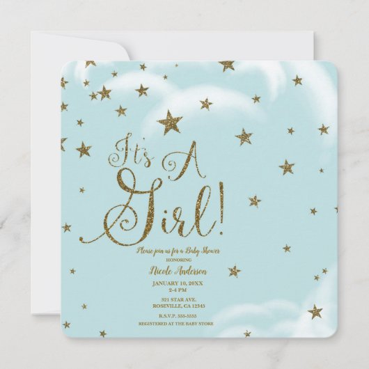 Invitation Bleu & Or Parties scintillant étoiles C'est un Bab (Devant)