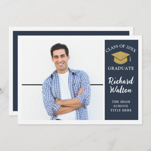 Invitation Bleu & Or simple et élégant Parti de graduation ph (Devant / Derrière)