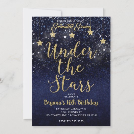 Invitation Bleu Or Sous Les Étoiles Starry Night Sweet 16 (Devant)