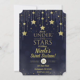 Invitation Bleu & Or Sous Les Étoiles Starry Sweet 16