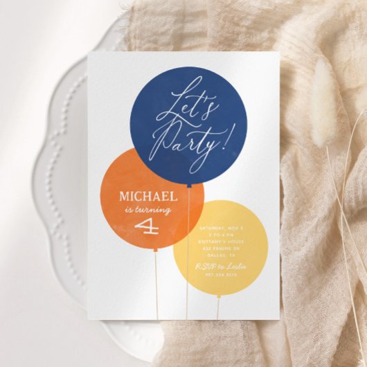 Invitation Bleu orange Aquarelle Balloon Garçon fête d'annive