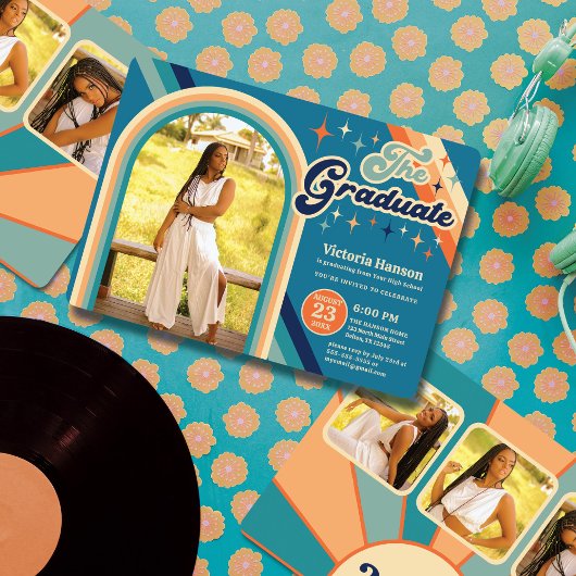 Invitation Bleu Orange Typographie Été Soleil Graduation