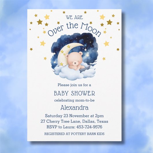 Invitation Bleu Ours Or étoiles sur le Baby shower de la Lune