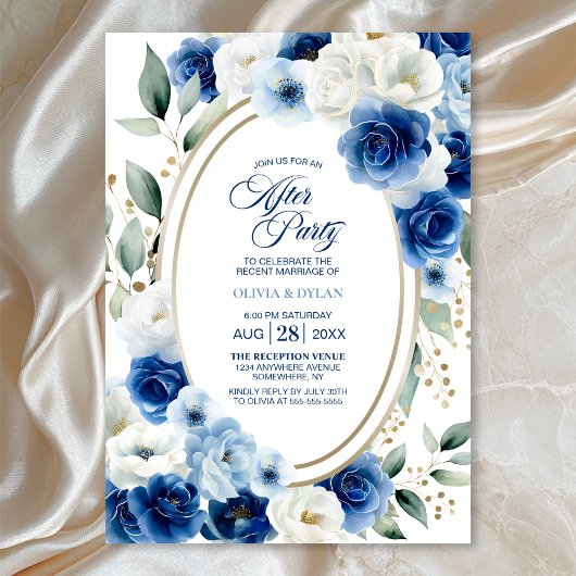 Invitation Bleu ovale Floral Mariage après la fête