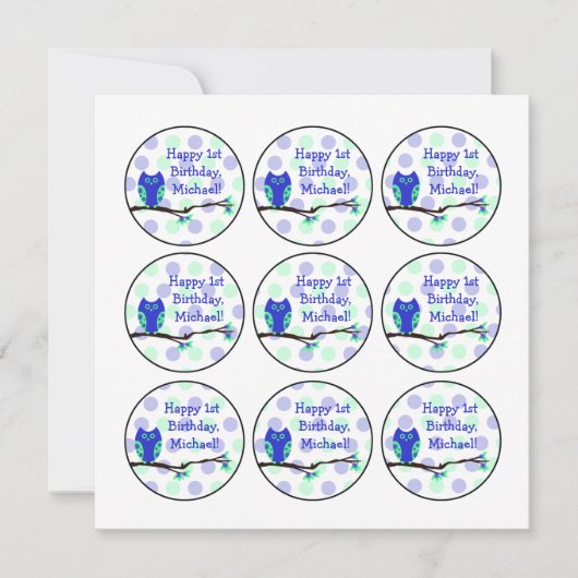 Invitation Bleu Owl 1er Birthday Cupcake Toppers (Devant)