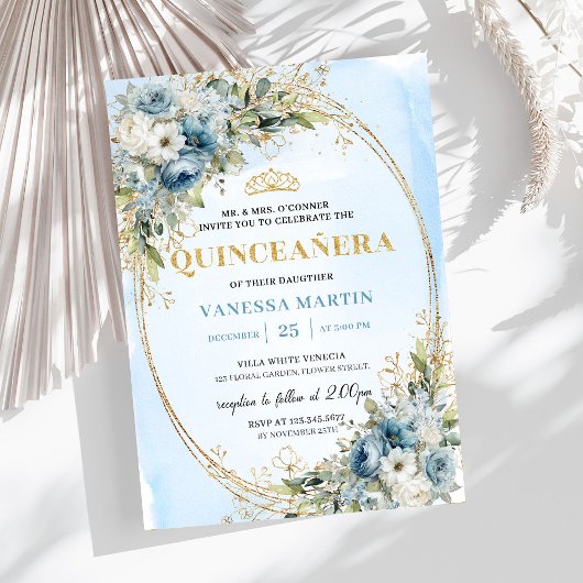 Invitation Bleu Pâle Doré Eucalyptus 15e Anniversaire Classiq