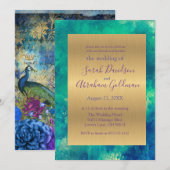 Invitation Bleu Paon Abstrait Mariage Or (Devant / Derrière)