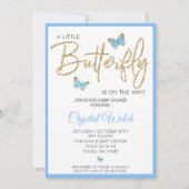 Invitation Bleu papillon et Parties scintillant Baby shower I (Devant)