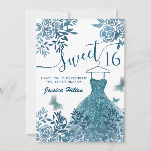 Invitation Bleu Papillon fleuri jardin robe sweet sixteen (Devant)