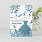 Invitation Bleu Papillon fleuri jardin robe sweet sixteen (Debout devant)