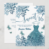 Invitation Bleu Papillon fleuri jardin robe sweet sixteen (Devant / Derrière)