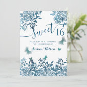 Invitation Bleu papillon sweet sixteen fleuri (Debout devant)