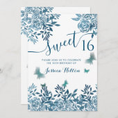 Invitation Bleu papillon sweet sixteen fleuri (Devant / Derrière)