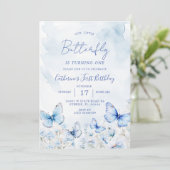 Invitation Bleu papillons fête d'anniversaire (Debout devant)