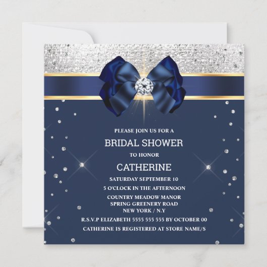 Invitation Bleu parties scintillant argent or ruban arc brill (Devant)