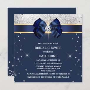 Invitation Bleu parties scintillant argent or ruban arc brill