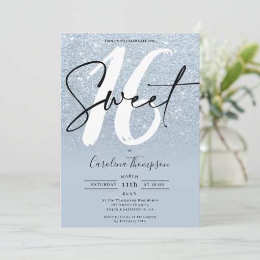 Invitation Bleu parties scintillant bordure script photo Swee (Debout devant)