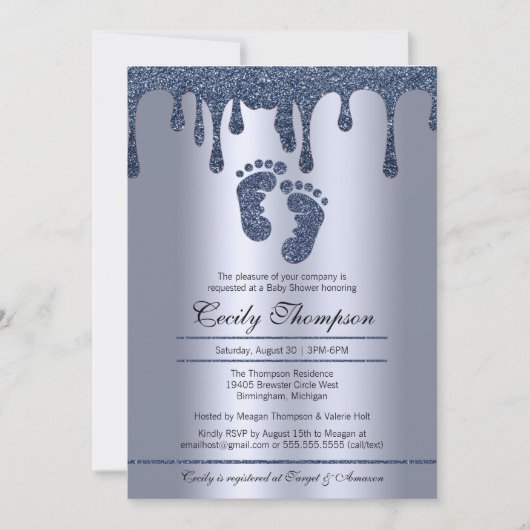 Invitation Bleu Parties scintillant Drip Luxury Metallic Baby (Devant)
