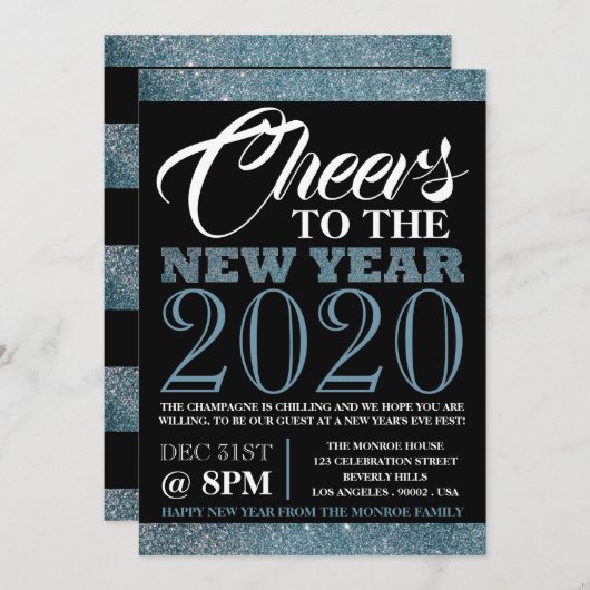 Invitation Bleu Parties scintillant rayures, Nouvel An (Devant / Derrière)