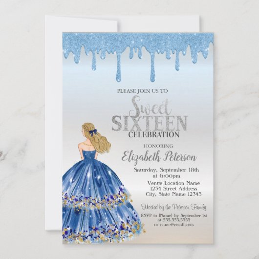 Invitation Bleu Parties scintillant, Robe Bleue Fille Douce 1 (Devant)
