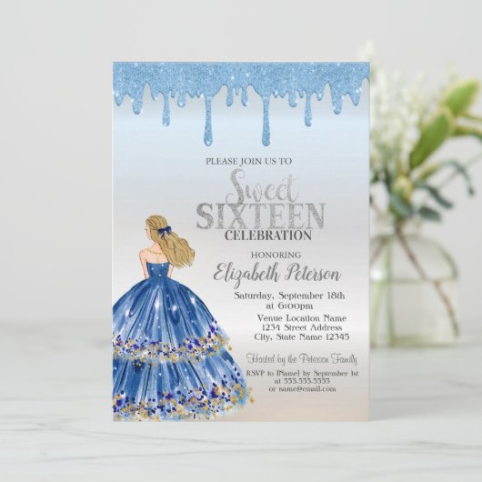 Invitation Bleu Parties scintillant, Robe Bleue Fille Douce 1 (Debout devant)