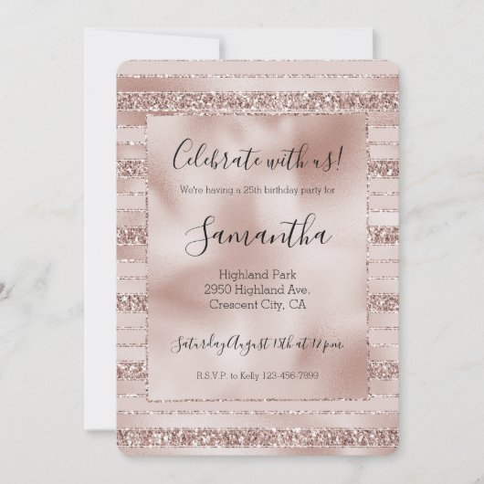 Invitation Bleu Parties scintillant rose rayures (Devant)