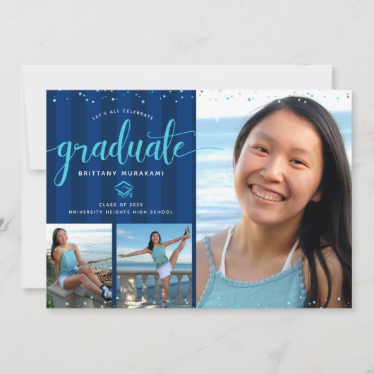 Invitation Bleu parties scintillant script graduation 3 photo (Devant)