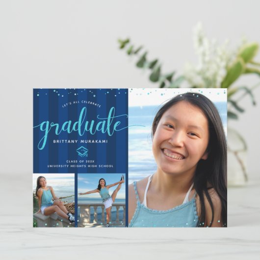 Invitation Bleu parties scintillant script graduation 3 photo (Debout devant)