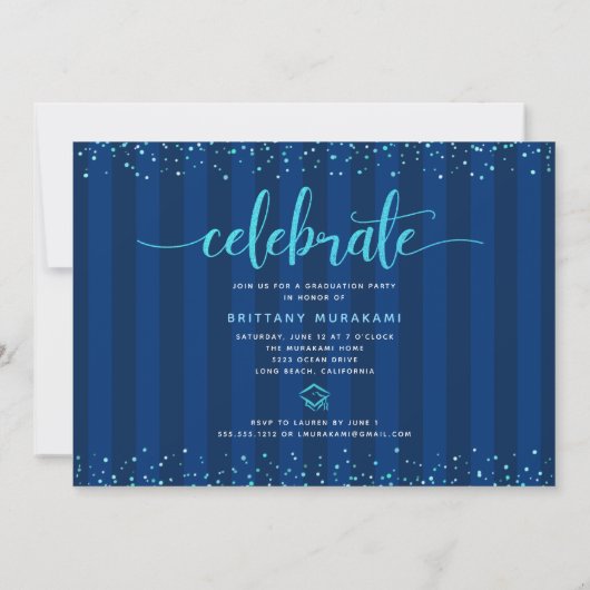 Invitation Bleu parties scintillant script graduation 3 photo (Dos)