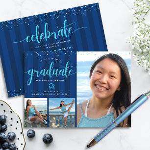 Invitation Bleu parties scintillant script graduation 3 photo