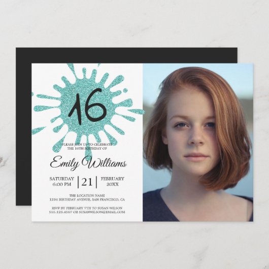 Invitation Bleu Parties scintillant Splash Sweet 16 16e fête (Devant / Derrière)
