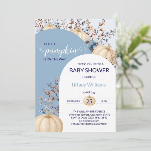 Invitation Bleu Pastel Aquarelle Citrouille automne fleurs sa (Debout devant)