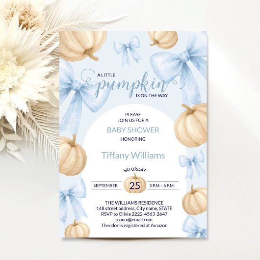 Invitation Bleu Pastel Aquarelle ruban Citrouille arc