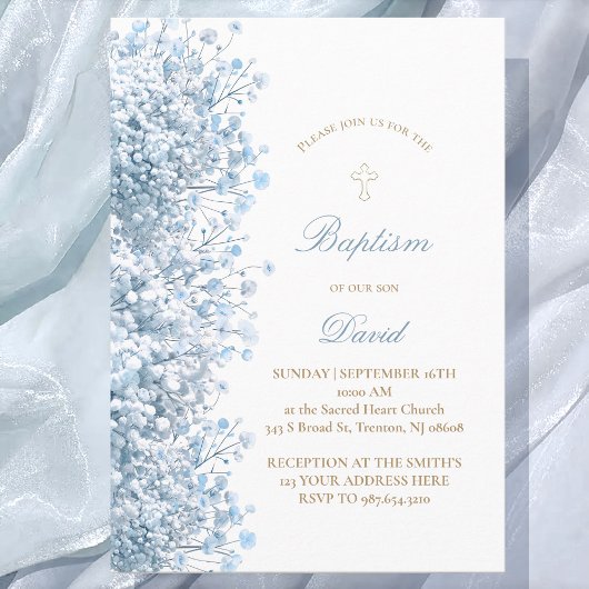 Invitation bleu pastel Baby's Breath baby boy Baptême