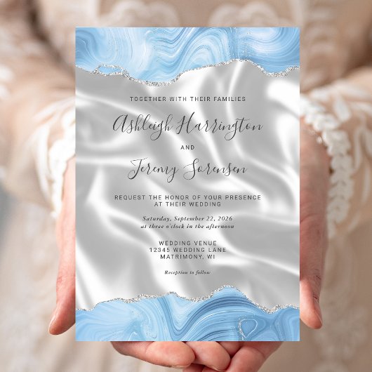 Invitation Bleu pastel bébé argent agate blanc soie mariage