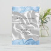 Invitation Bleu pastel bébé argent agate blanc soie mariage (Debout devant)