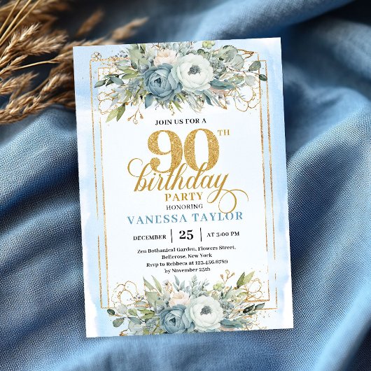 Invitation Bleu pastel classique or script 90e anniversaire