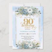 Invitation Bleu pastel classique or script 90e anniversaire (Devant)