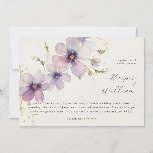 Invitation Bleu pastel cosmos fleurs horisontal mariage (Devant)