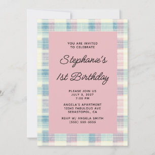 Invitation Bleu pastel et rose Gingham lin 1er anniversaire