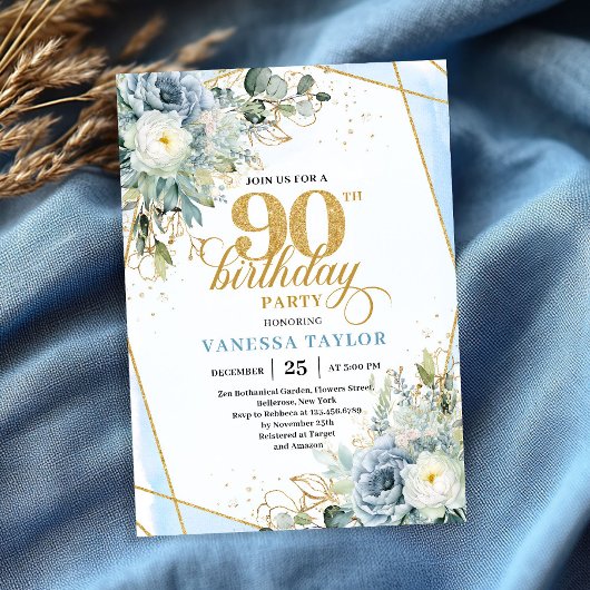 Invitation Bleu pastel or vert de luxe écriture 90e anniversa