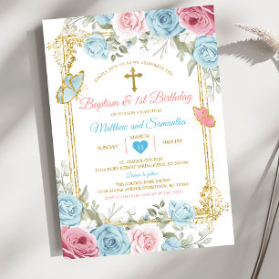 Invitation Bleu Pastel Rose Or Baptême & 1er Anniversaire